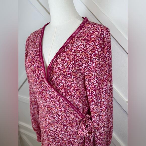Max Studio Floral Dot Print Balloon Sleeve Wrap Dress In Dark Pink Size Large - Picture 3 of 10